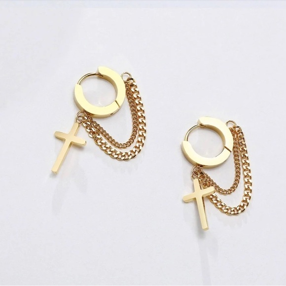 Stainless Steel Cross Double Chain Huggie Hoops Earring Pair for Mens Earrings - Picture 2 of 7